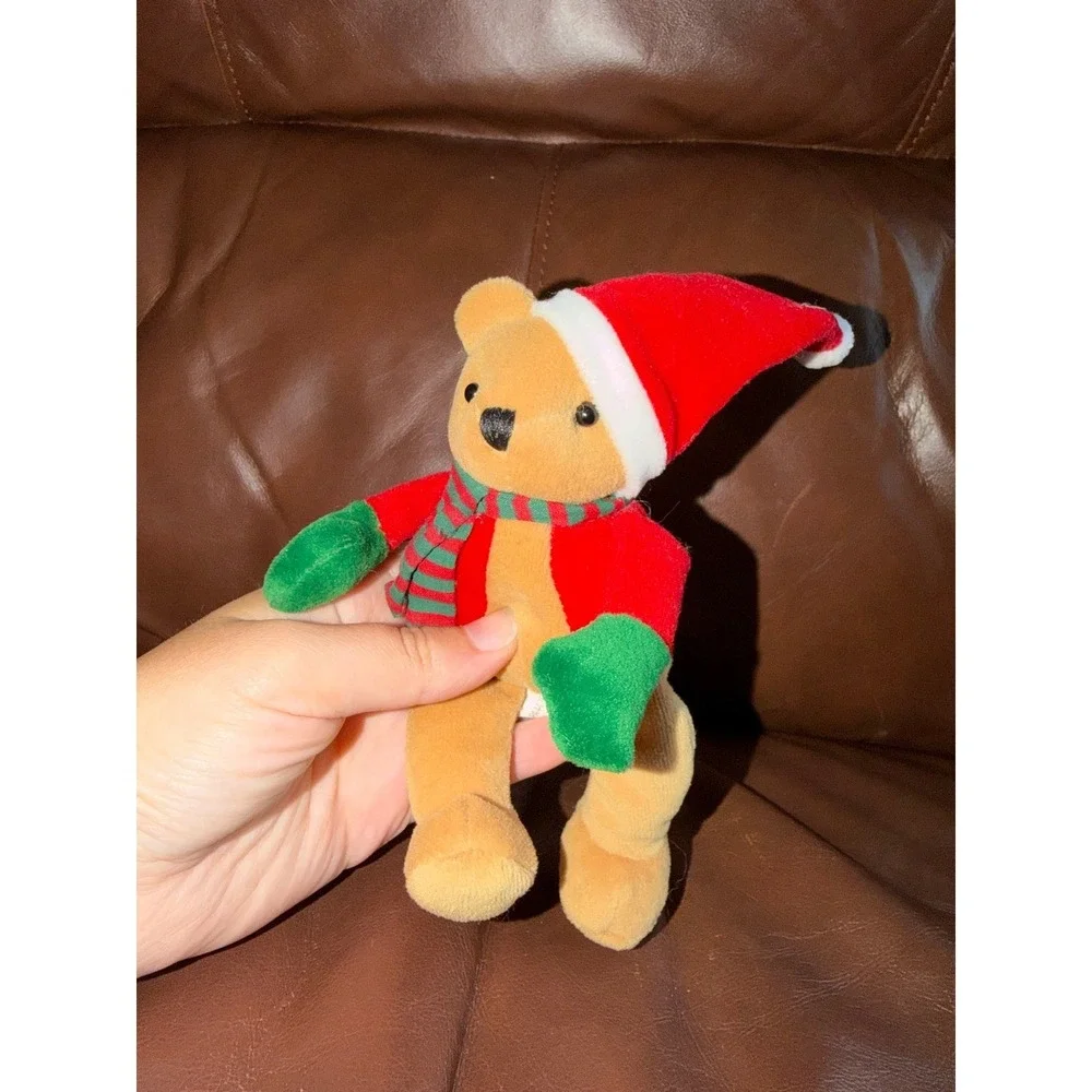 Sterling Inc Christmas Teddy Bear Plush Ornament Santa Hat Scarf Red Green Tan